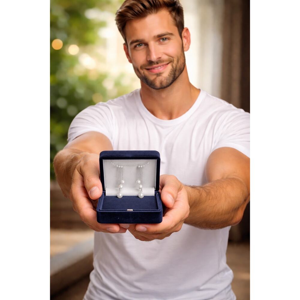 Silver Faux Pearl Climber Earrings Chain Dangle 6.2cm Elegant NIB